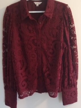 Nanette Lepore Burgundy Lace Button-Up Blouse